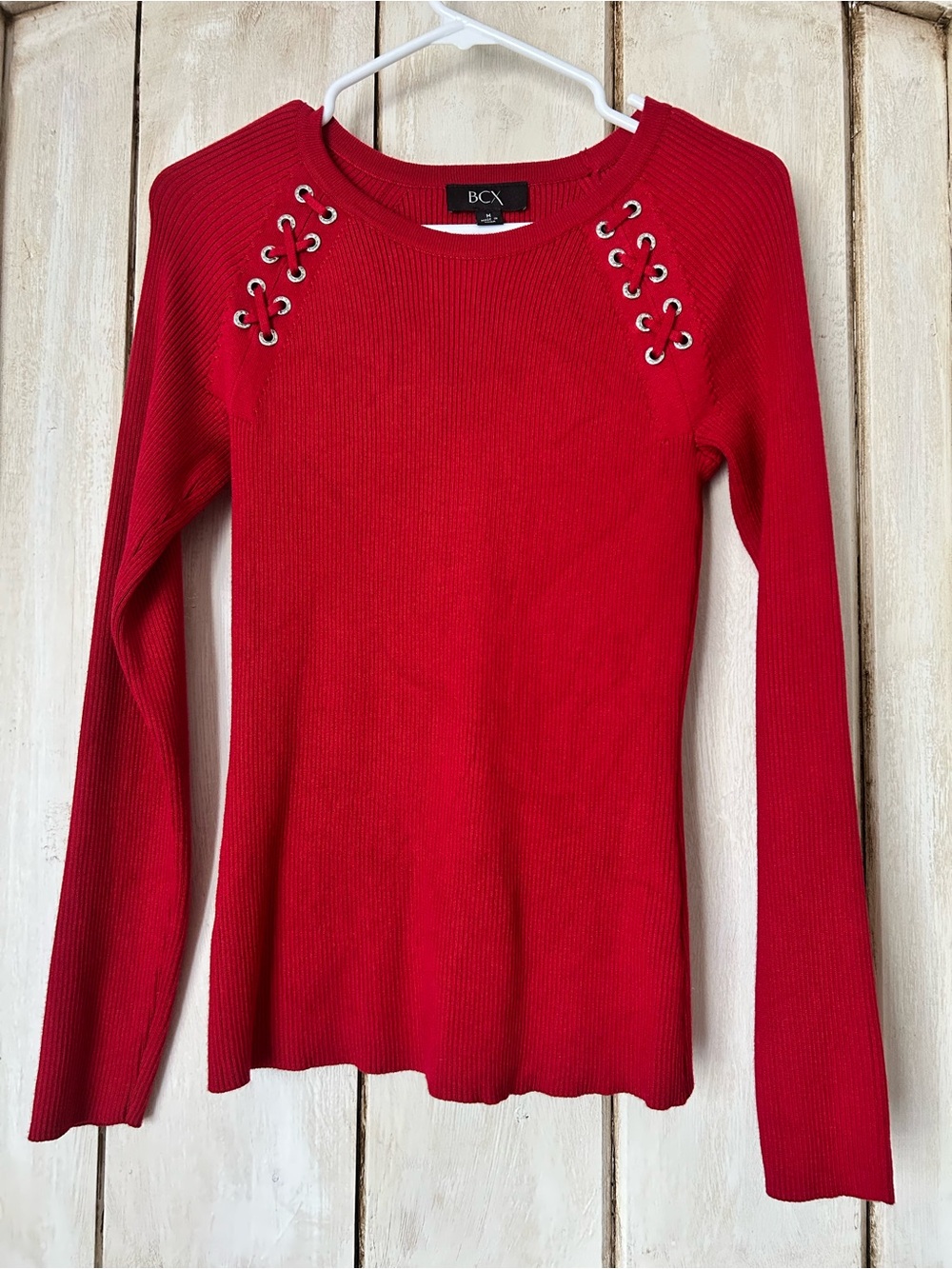BCX Red Ribbed Lace-Up Shoulder Sweater